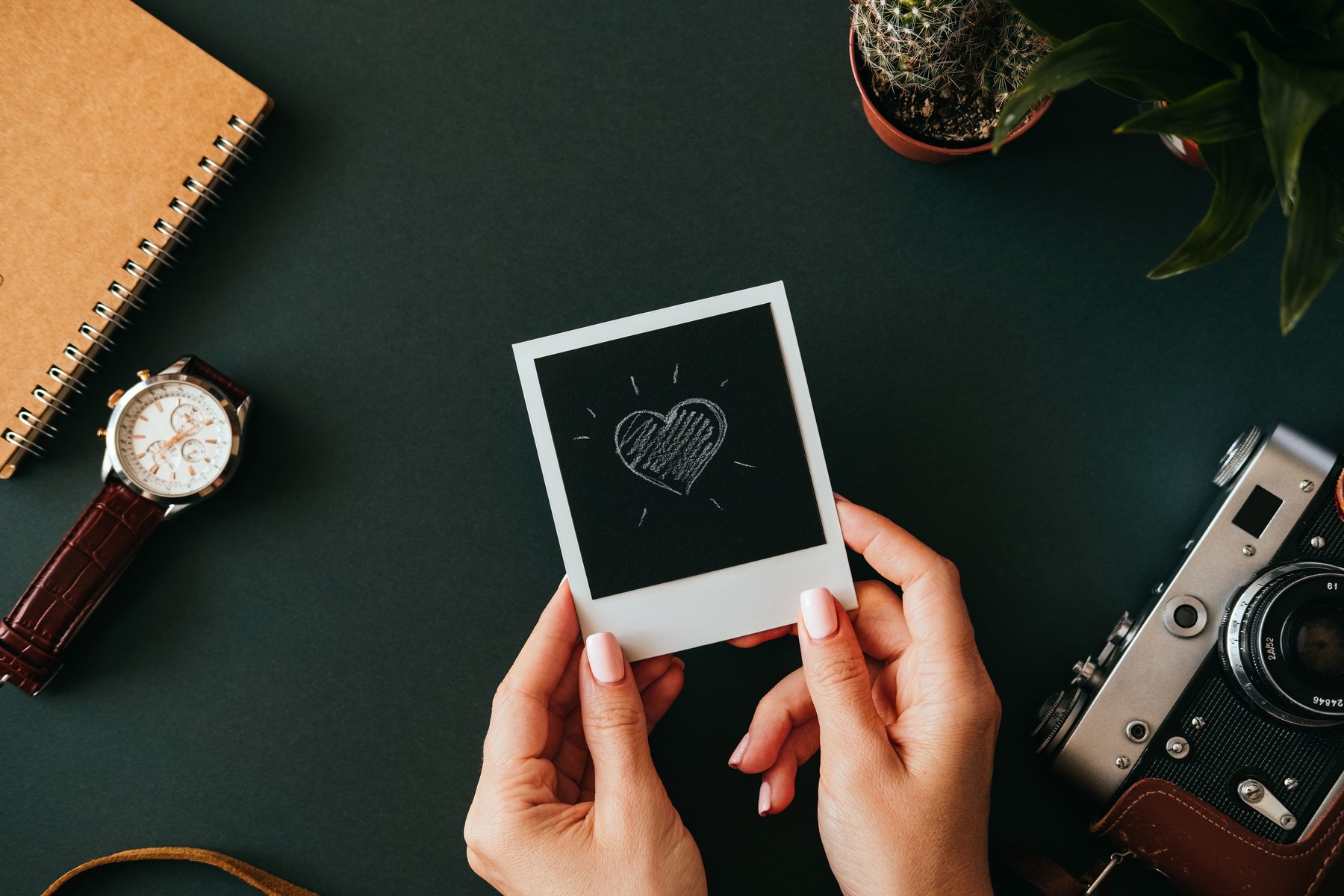 Flat Lay Female Hand Holds Polaroid Picture