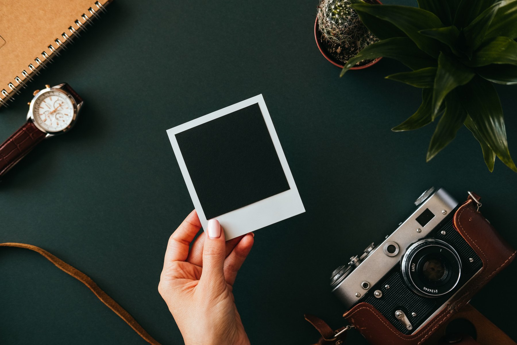 Flat Lay Female Hand Holds a Blank Polaroid Film